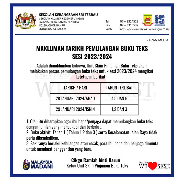 Tarikh Pemulangan Buku Teks Sesi 2023/2024 