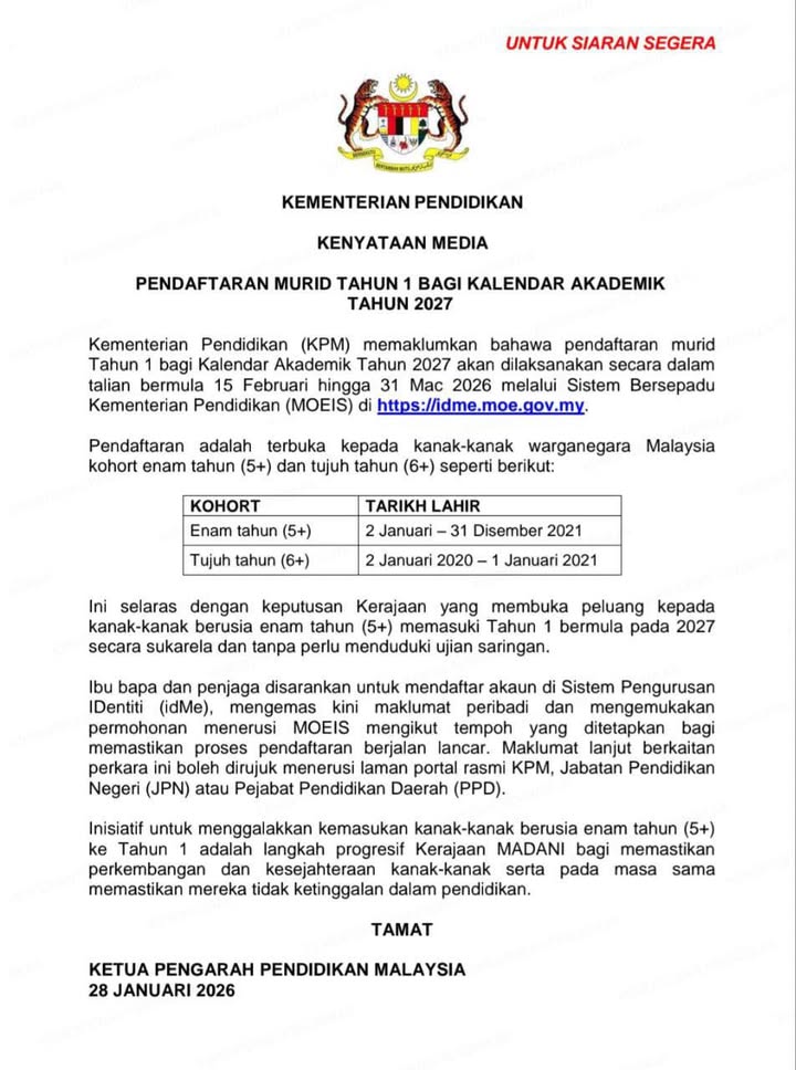 Pendaftaran Tahun 1 Telah Dibuka Hari Ini. 