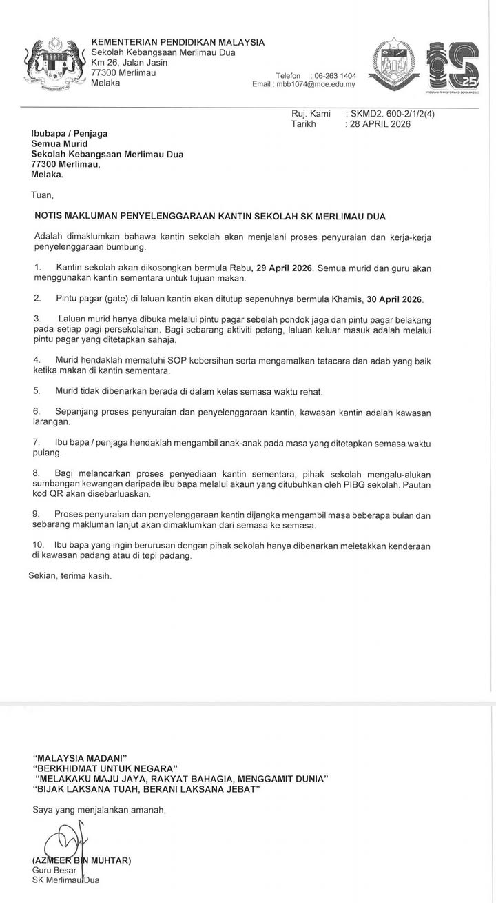 Notis Makluman Penyelenggaraan Bumbung Kantin Sk Merlimau Dua. 