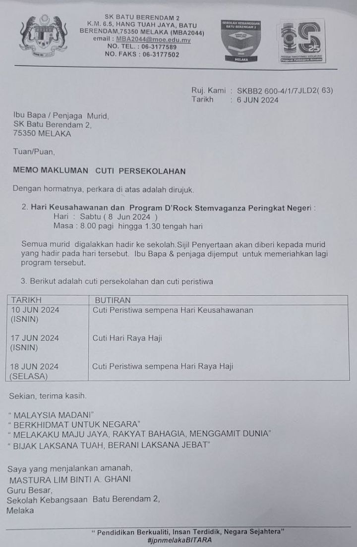 Memo Makluman Cuti Persekolahan 