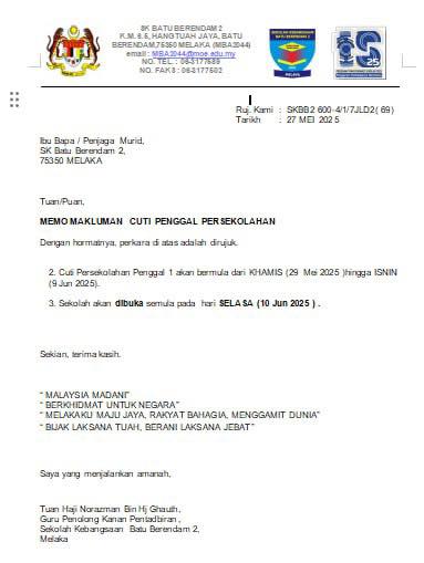Memo Makluman Cuti Penggal Persekolahan  