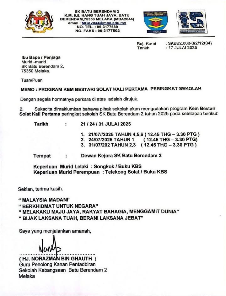 Makluman Untuk Program Kem Bestari Solat Kali Pertama 