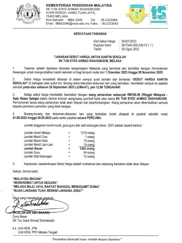 Tawaran Sebut Harga Untuk Kantin Sekolah 