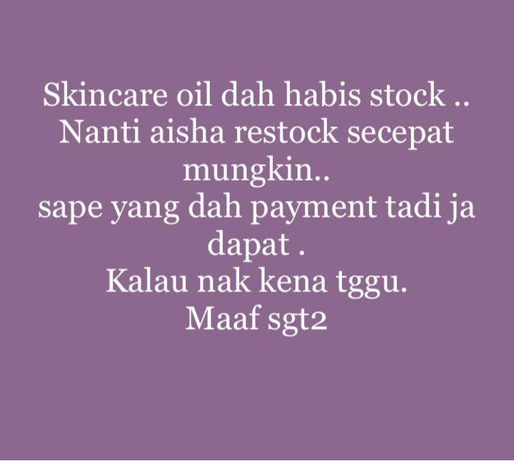 Skincare Oil Da Habis Stock. Aisha Akan Restock 