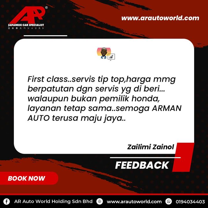 Alhamdulillah,another Feedback Positive Dari Customer Ar Auto World. 