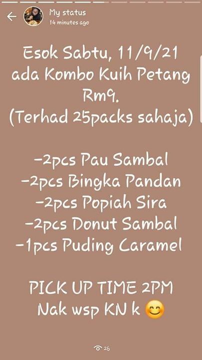 Esok Sabtu, 11/9/21 Ada Kombo Kuih Petang Rm9. 
