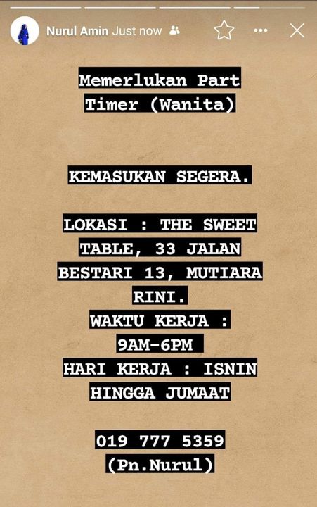 Part Timer (wanita) Diperlukan Dengan Kadar Segera. Berminat 