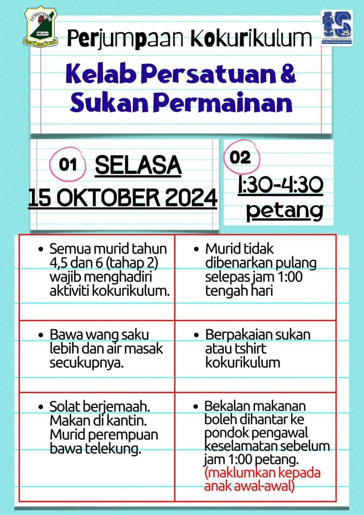 Perjumpaan Kokurikulum Kelab Persatuan Sukan Permainan Selasa 15 