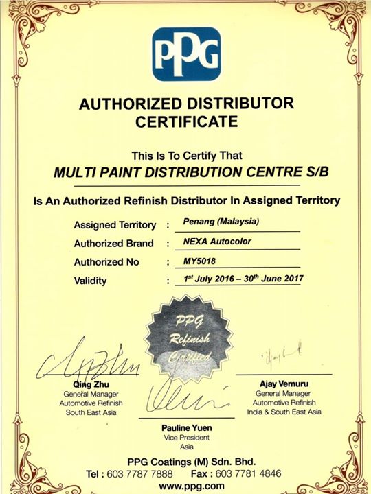 Mpdc Has Been Awarded The Authorized Distributor Certificate Multi Paint Distribution Centre Sdn Bhd