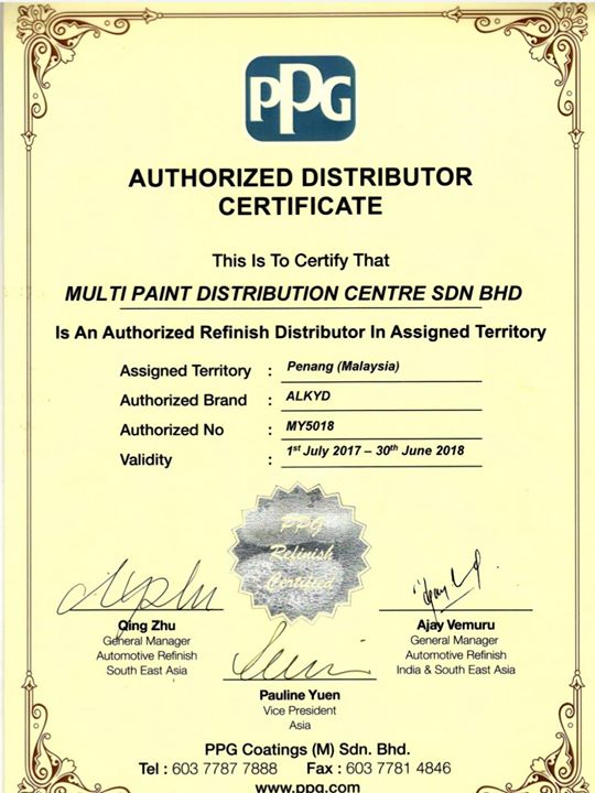 Mpdc Has Been Awarded The Authorized Distributor Certificate Multi Paint Distribution Centre Sdn Bhd