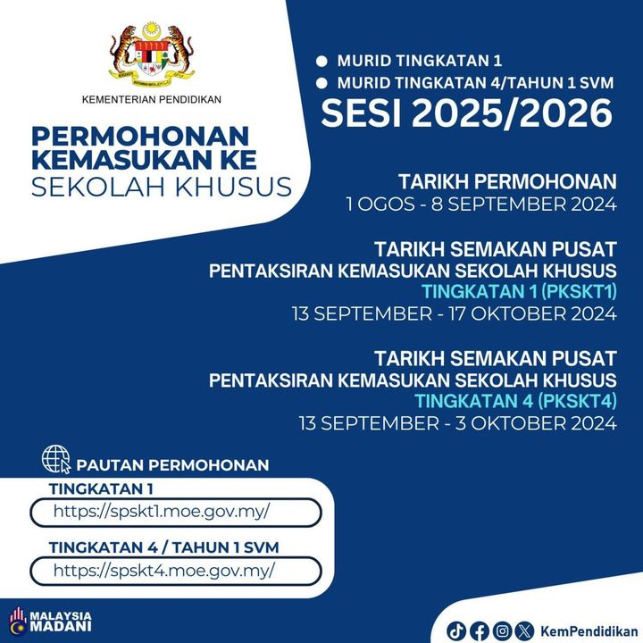 Sukacita Dimaklumkan Permohonan Kemasukan Ke Sekolah Khusus Tingkatan 