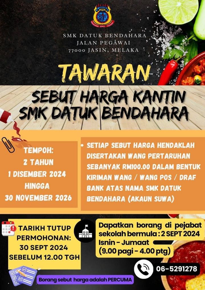 Tawaran Sebut Harga Untuk Kantin Smk Datuk Bendahara 