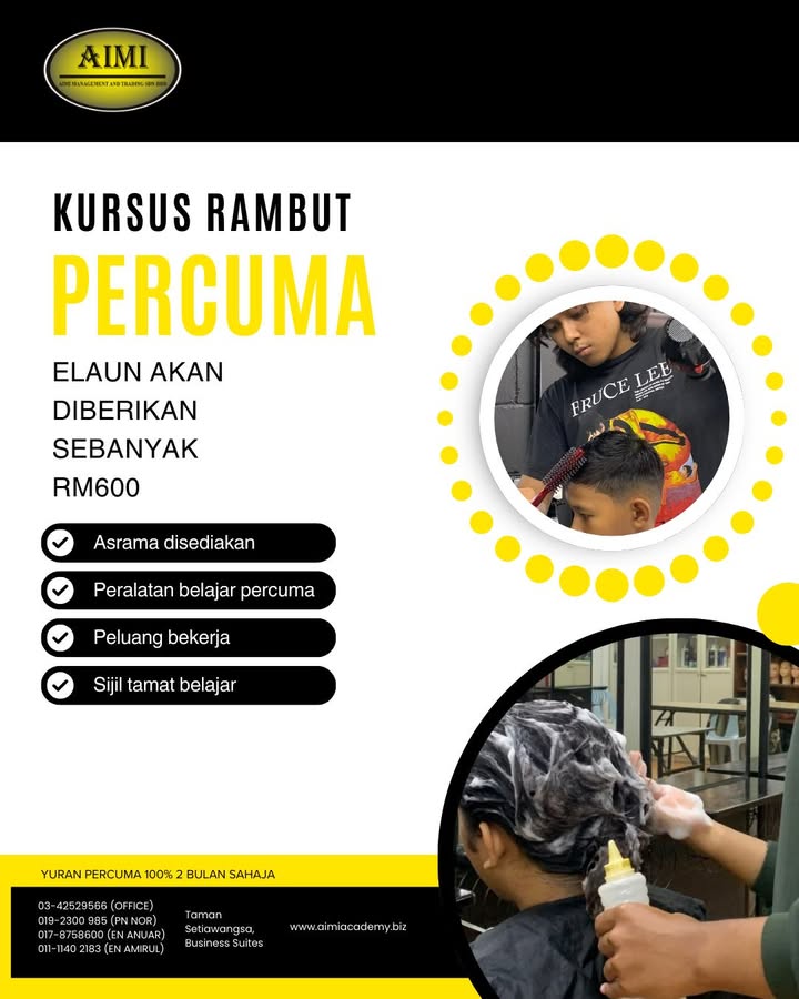 Belajar Dandanan Rambut Percuma Elaun Rm600 Pengambilan November 