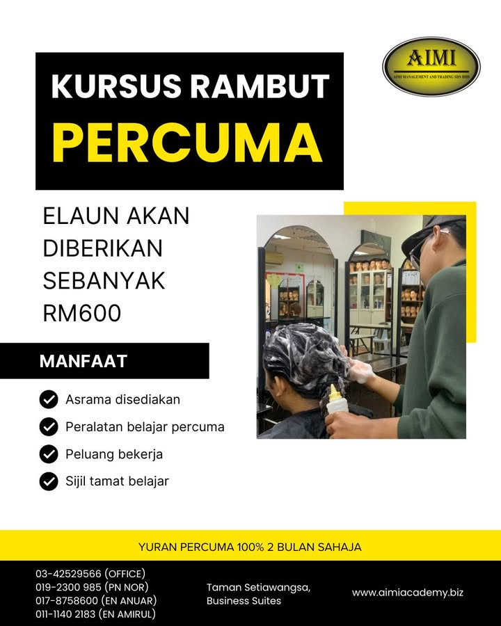 Belajar Gunting Rambut Percuma Elaun Rm600 Pengambilan November 