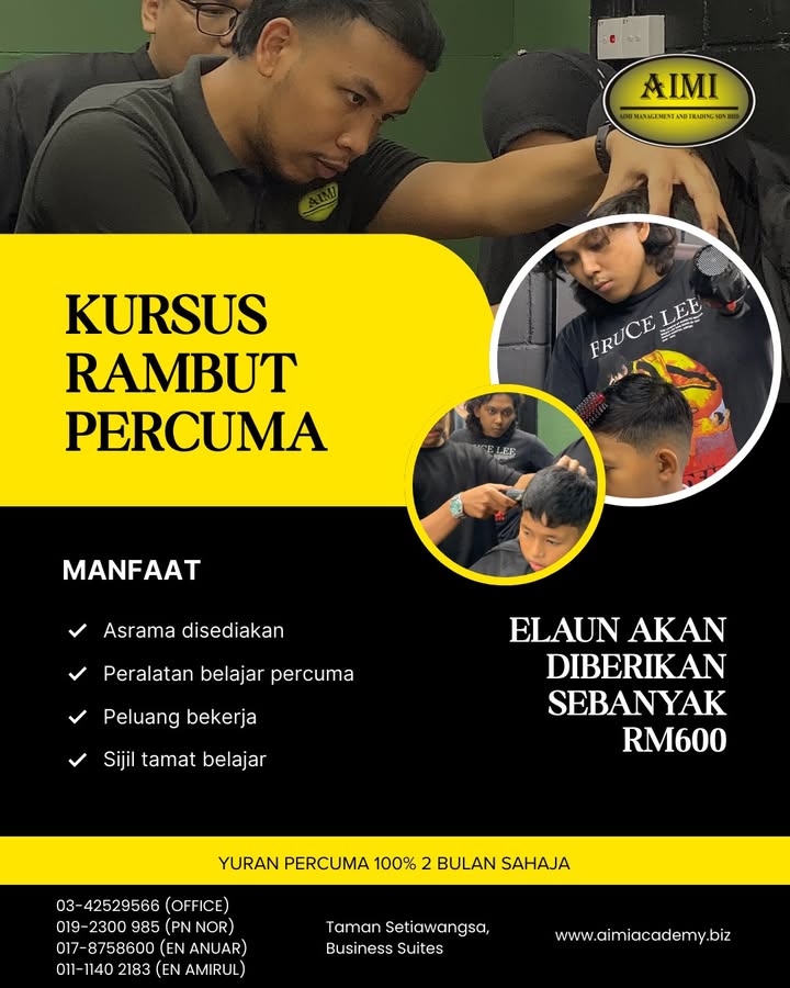 Belajar Dandanan Rambut Percuma Elaun Rm600 Pengambilan November 
