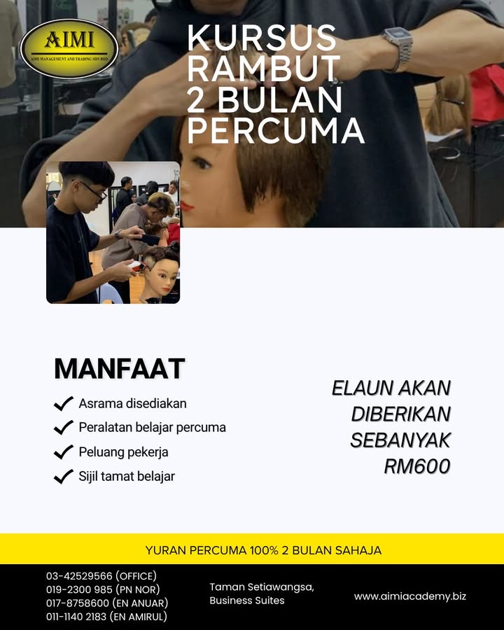 Kursus Gunting & Dandanan Rambut Percuma 2026 (elaun 