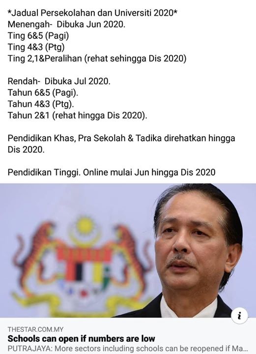 Jadual Persekolahan & Universiti 2020 