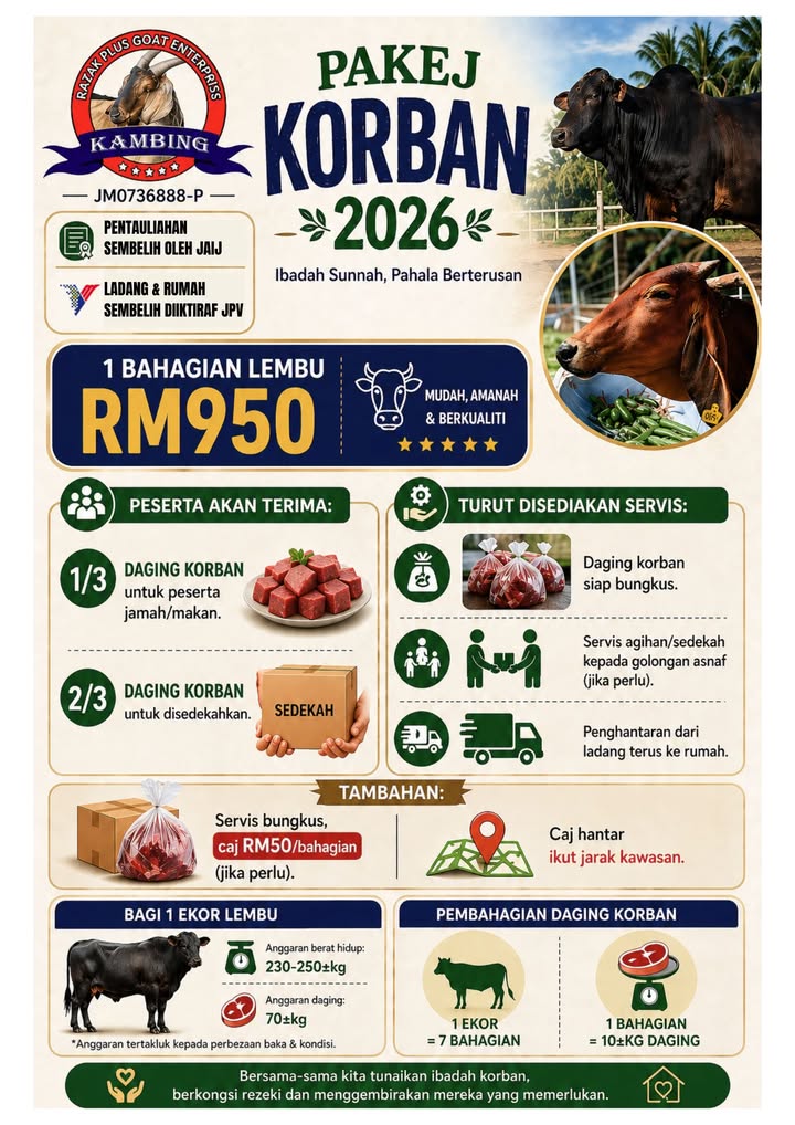 Pakej Korban 2026: 1 Bahagian Lembu Rm950 