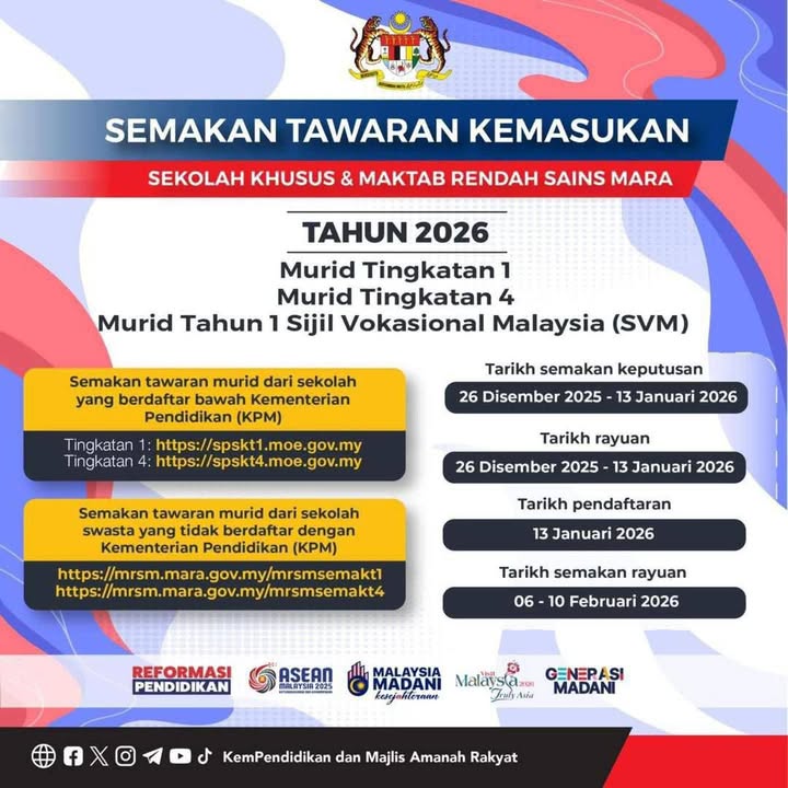 Semakan Tawarkan Kemasukan Sekolah Khusus  Tahun 2026. 