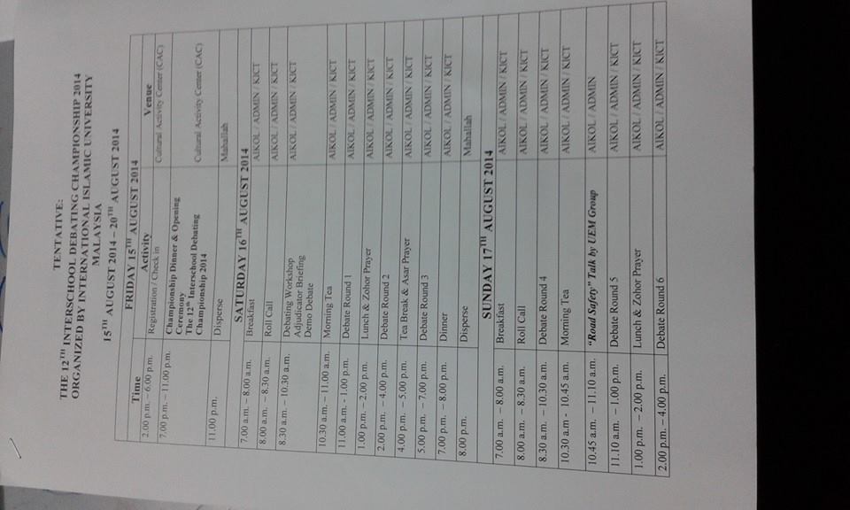 The 12th Interschool Debating Championship 2014@ Iium 15-20th 
