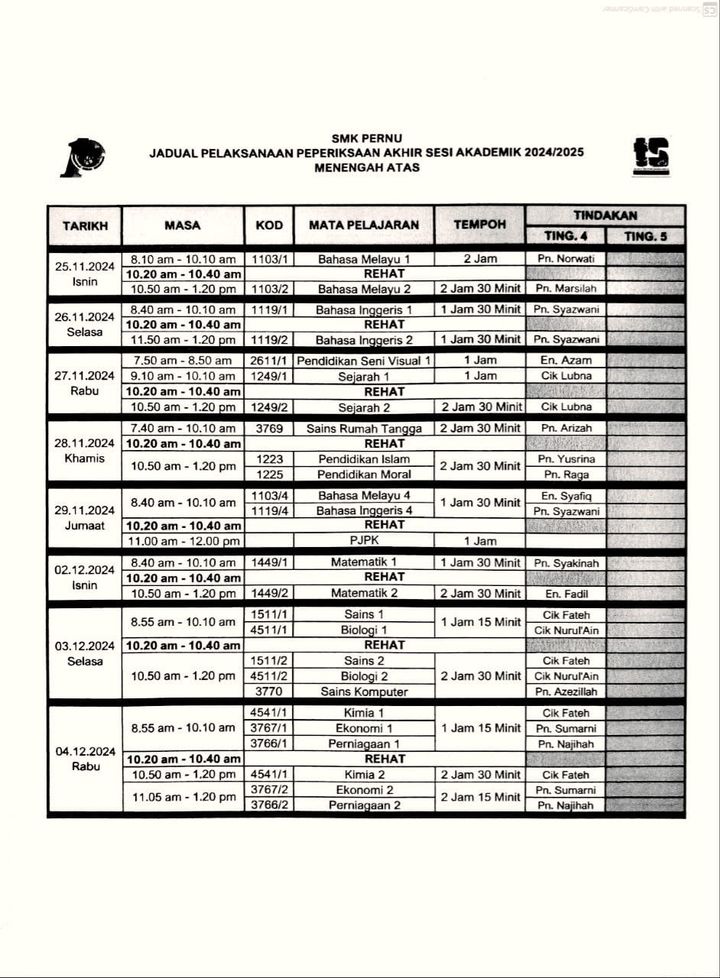 Berikut Adalah Jadual Ujian Akhir Sesi Akademik (uasa) 