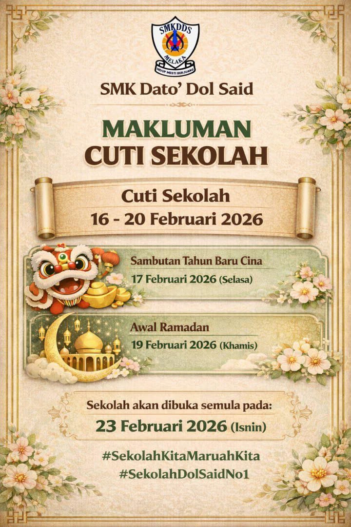 Makluman Cuti Sekolah 16-20 Febuari 2026 