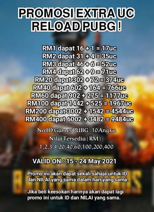 Reload Pubg Promo Uc Sehingga 24/05/2021. Kod Topup: 
