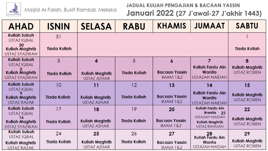 Salam Dikongsikan Jadual Kuliah Pengajian Dan Bacaan Yassin 