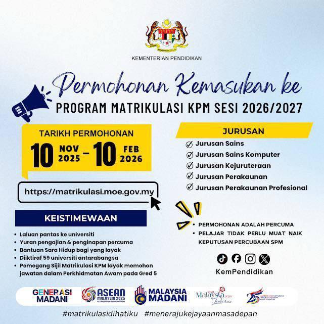 Permohonan Kemasukan Ke Program Matrikulasi Kpm Dibuka Mulai 