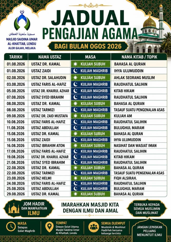 Jadual Pengajian Agama Sepanjang Ogos 2026 Di Masjid 