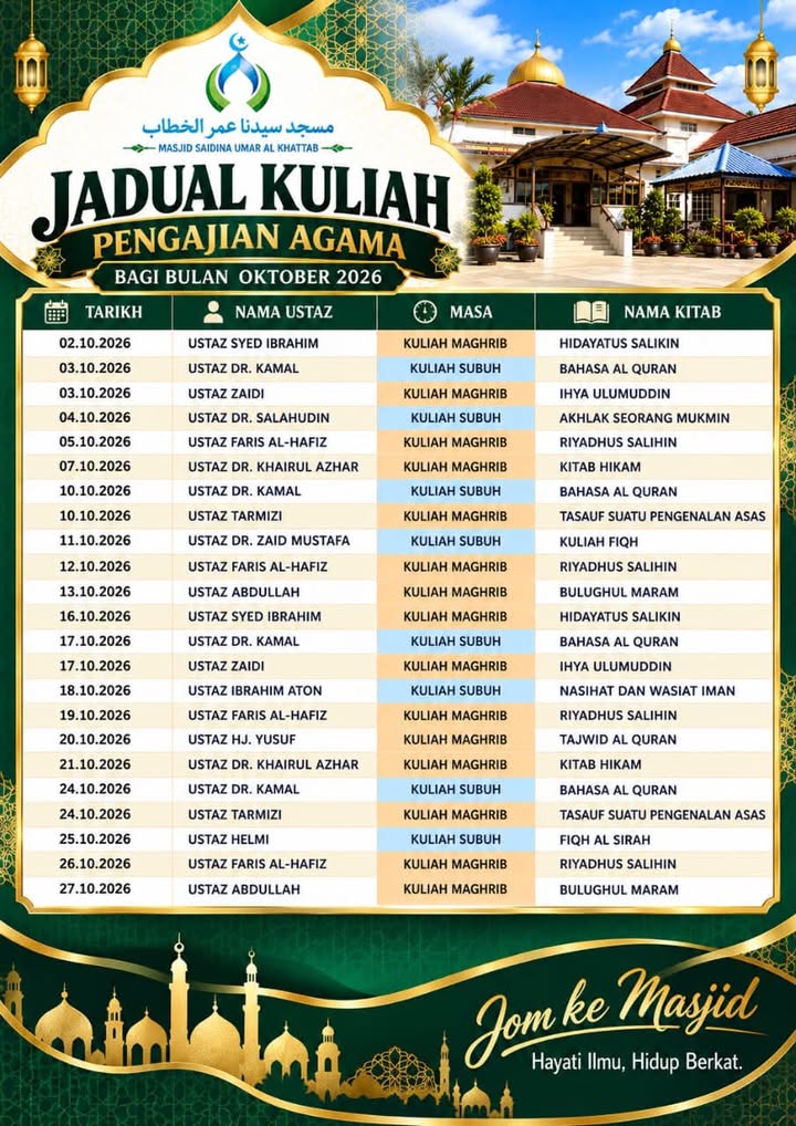 Jadual Kuliah Di Masjid Lendu Sepanjang Oktober 2026. 