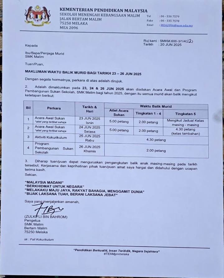 Pemberitahuan Tentang Minggu Hadapan 23/6 Hingga 26/6/2025 